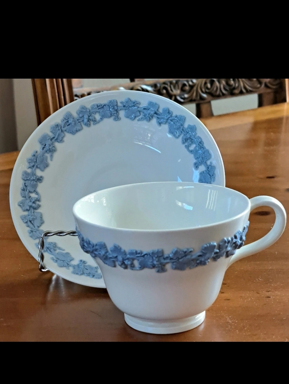 Wedgwood Embossed Queen's Ware Teacup and Saucer Set with a Blue on White Grape